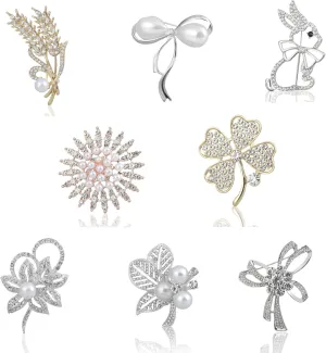 8-Piece Set of Women's Brooches Bow Brooches Women's Bridal Bouquet Gifts Pearl Rhinestone Pins Brooch Set