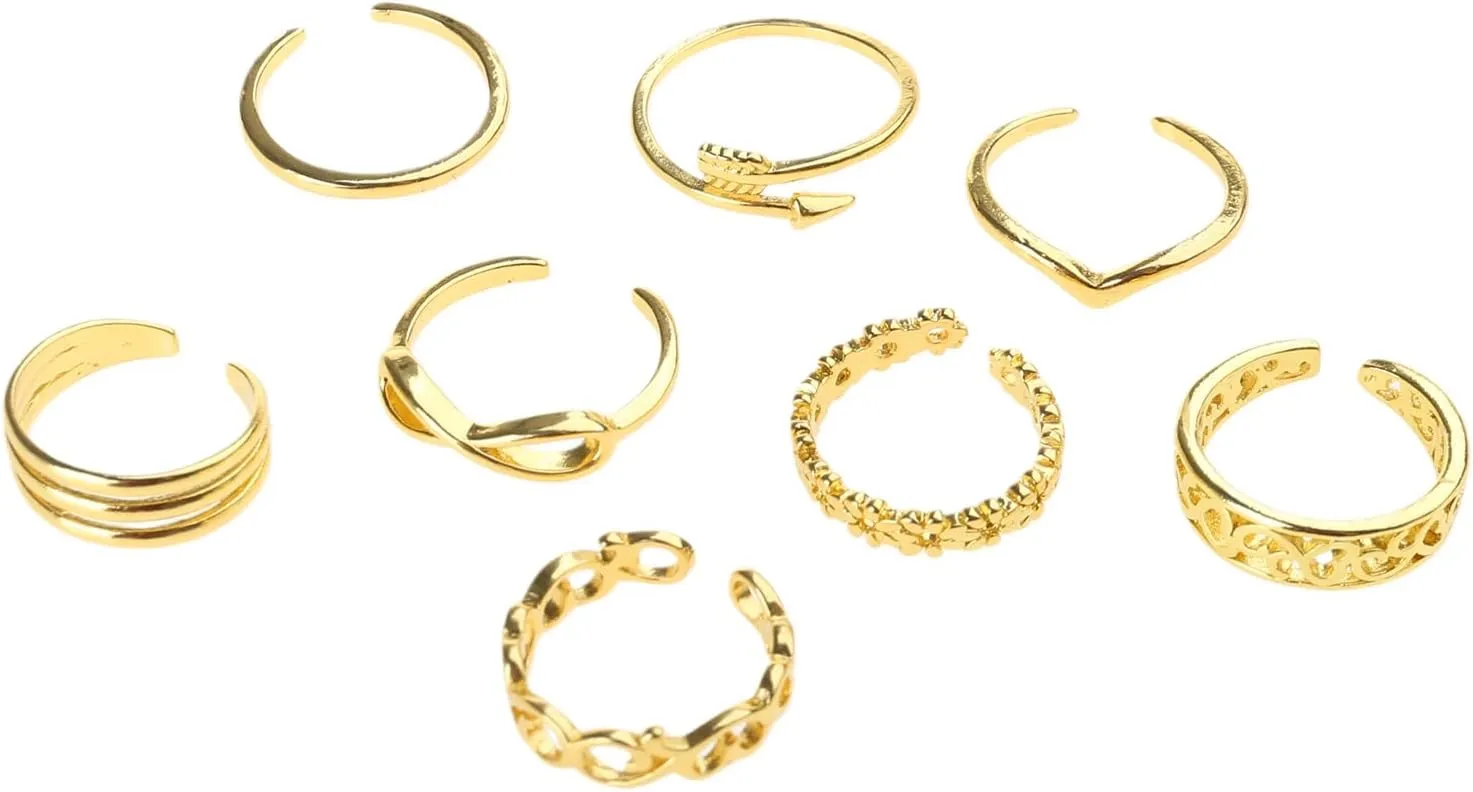 8pcs Open Toe Rings Flower Hollow Band Vintage Toe Set Adjustable Women Beach Jewelry