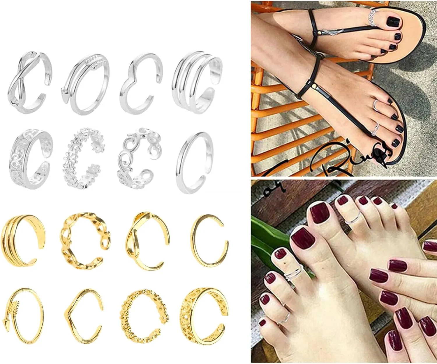 8pcs Open Toe Rings Flower Hollow Band Vintage Toe Set Adjustable Women Beach Jewelry
