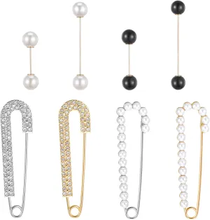 8Pcs Women Brooch Pins, Sweater Shawl Clips Brooches and Pins for Women Artificial Crystal Pearl Brooches Pant Waist Tightener Safety Clips for Dress Shirt Jeans Clothing Decoration Accessories