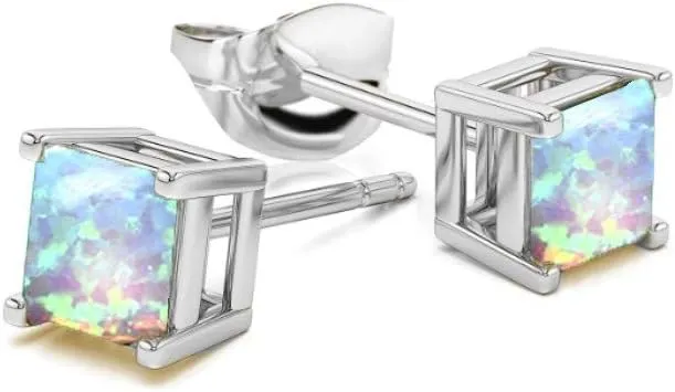 925 Sterling Silver Created Opal Post Stud Earrings -Square Opal Stud earrings for women