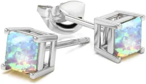 925 Sterling Silver Created Opal Post Stud Earrings -Square Opal Stud earrings for women