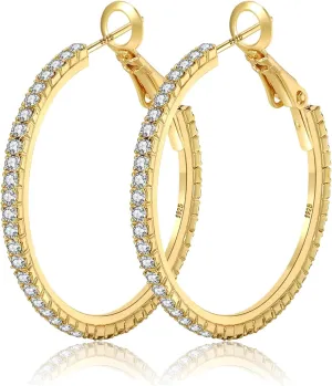 925 Sterling Silver Earrings Large Rhinestone Hoop Earrings Big Cubic Zirconia Hoop Earrings Thin Rhinestones Round Hoop Earrings for Women 20/30/40/50/60/70mm Sparkly Hoops With Crystals for Womens
