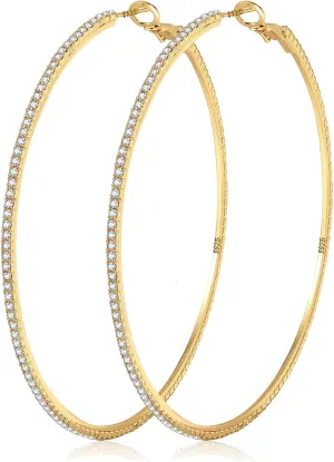 925 Sterling Silver Earrings Large Rhinestone Hoop Earrings Big Cubic Zirconia Hoop Earrings Thin Rhinestones Round Hoop Earrings for Women 20/30/40/50/60/70mm Sparkly Hoops With Crystals for Womens