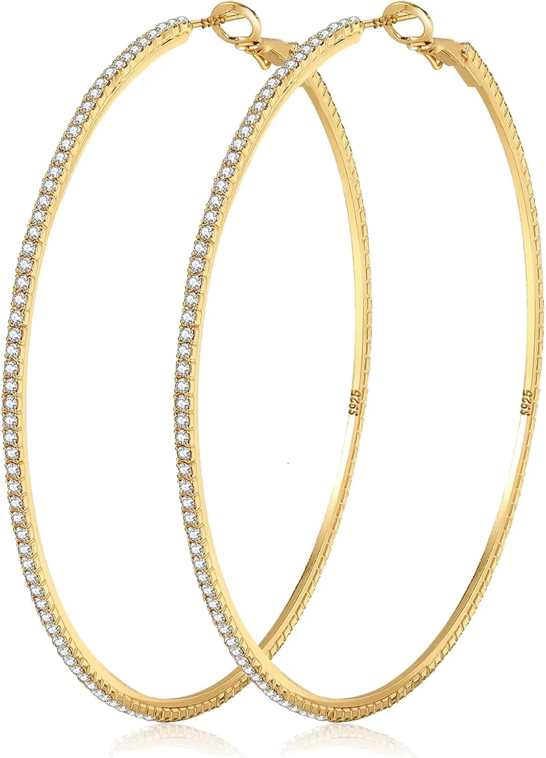 925 Sterling Silver Earrings Large Rhinestone Hoop Earrings Big Cubic Zirconia Hoop Earrings Thin Rhinestones Round Hoop Earrings for Women 20/30/40/50/60/70mm Sparkly Hoops With Crystals for Womens