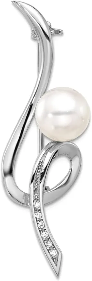 925 Sterling Silver Rhodium Plated 8 9mm Button White Fwc Pearl and CZ Simulated Diamond Swirl Pin Brooches and-Pin for Women