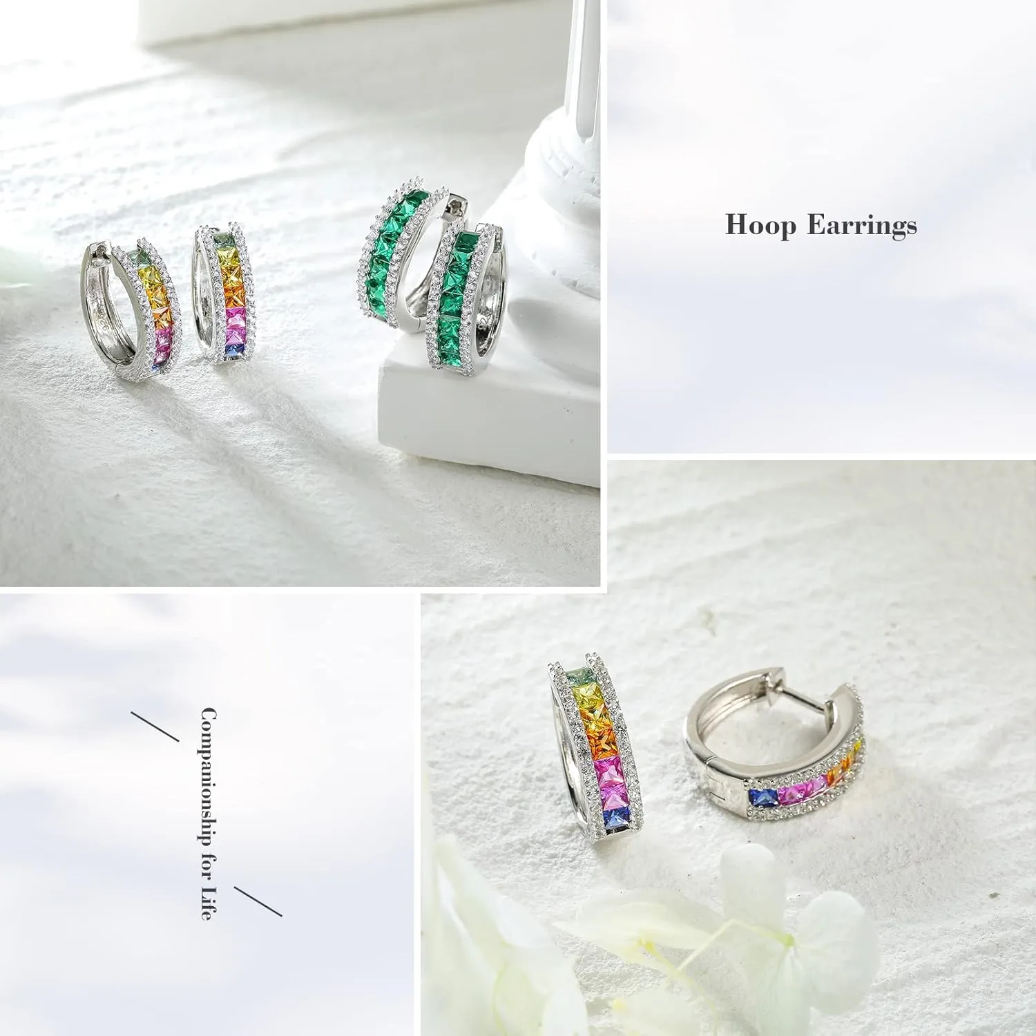925 Sterling Silver Small Hoop Earrings for Women Girls Colorful Gemstone Emerald CZ Rose Gold Huggie Hoop Earrings