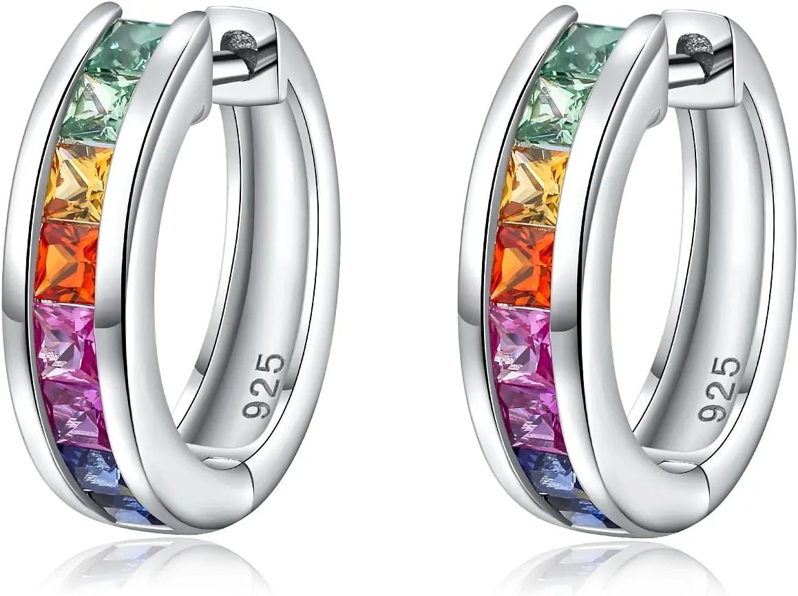 925 Sterling Silver Small Hoop Earrings for Women Girls Colorful Gemstone Emerald CZ Rose Gold Huggie Hoop Earrings