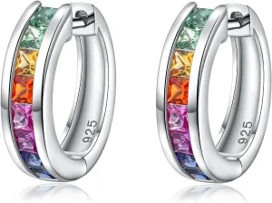 925 Sterling Silver Small Hoop Earrings for Women Girls Colorful Gemstone Emerald CZ Rose Gold Huggie Hoop Earrings
