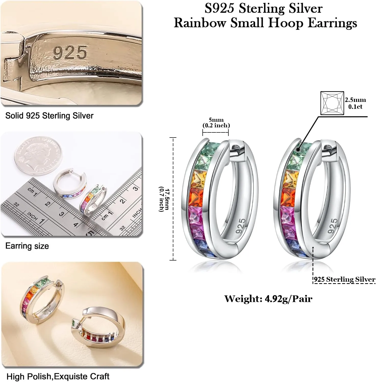 925 Sterling Silver Small Hoop Earrings for Women Girls Colorful Gemstone Emerald CZ Rose Gold Huggie Hoop Earrings