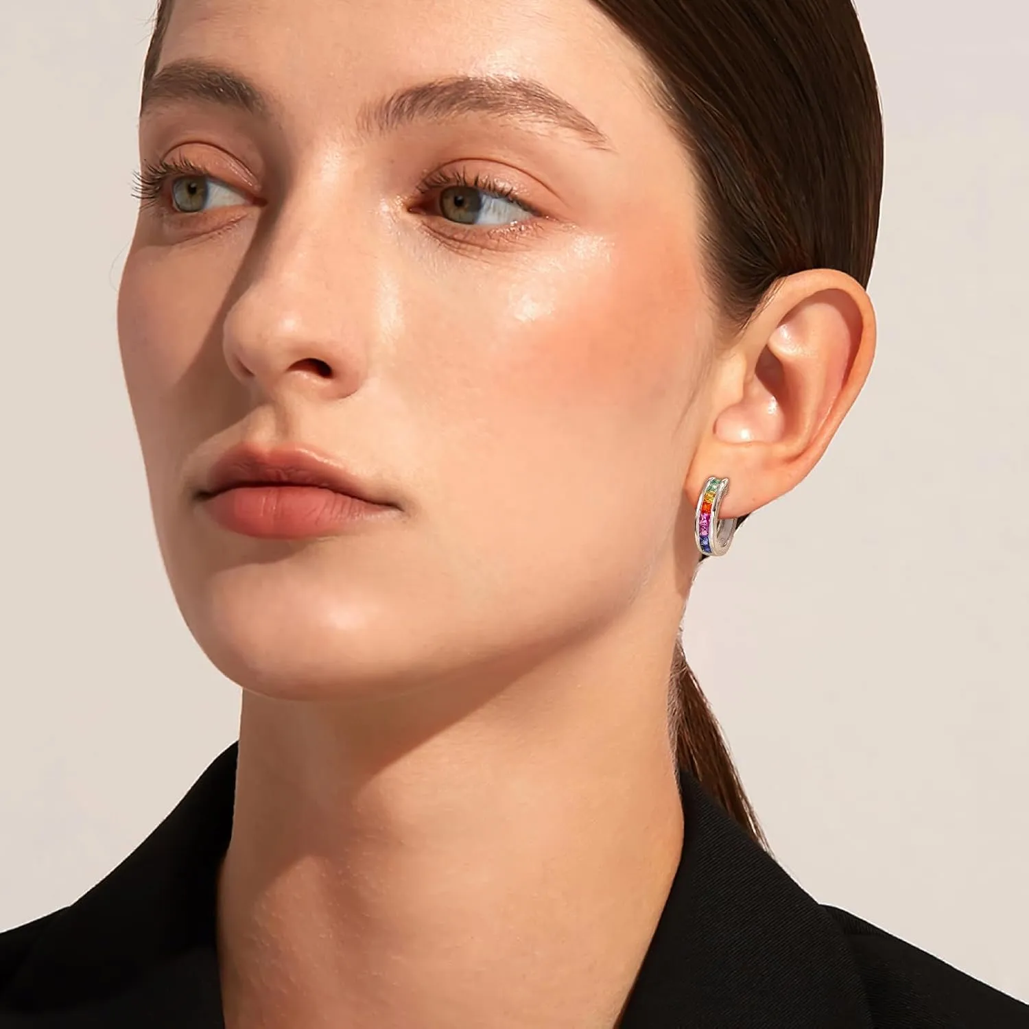 925 Sterling Silver Small Hoop Earrings for Women Girls Colorful Gemstone Emerald CZ Rose Gold Huggie Hoop Earrings