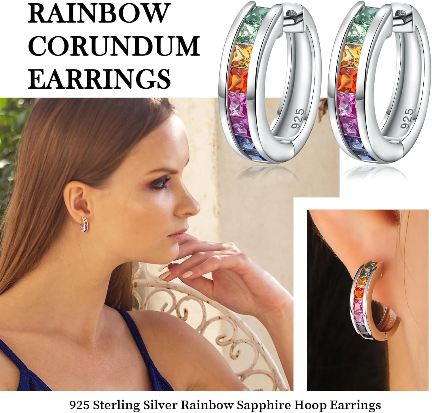 925 Sterling Silver Small Hoop Earrings for Women Girls Colorful Gemstone Emerald CZ Rose Gold Huggie Hoop Earrings