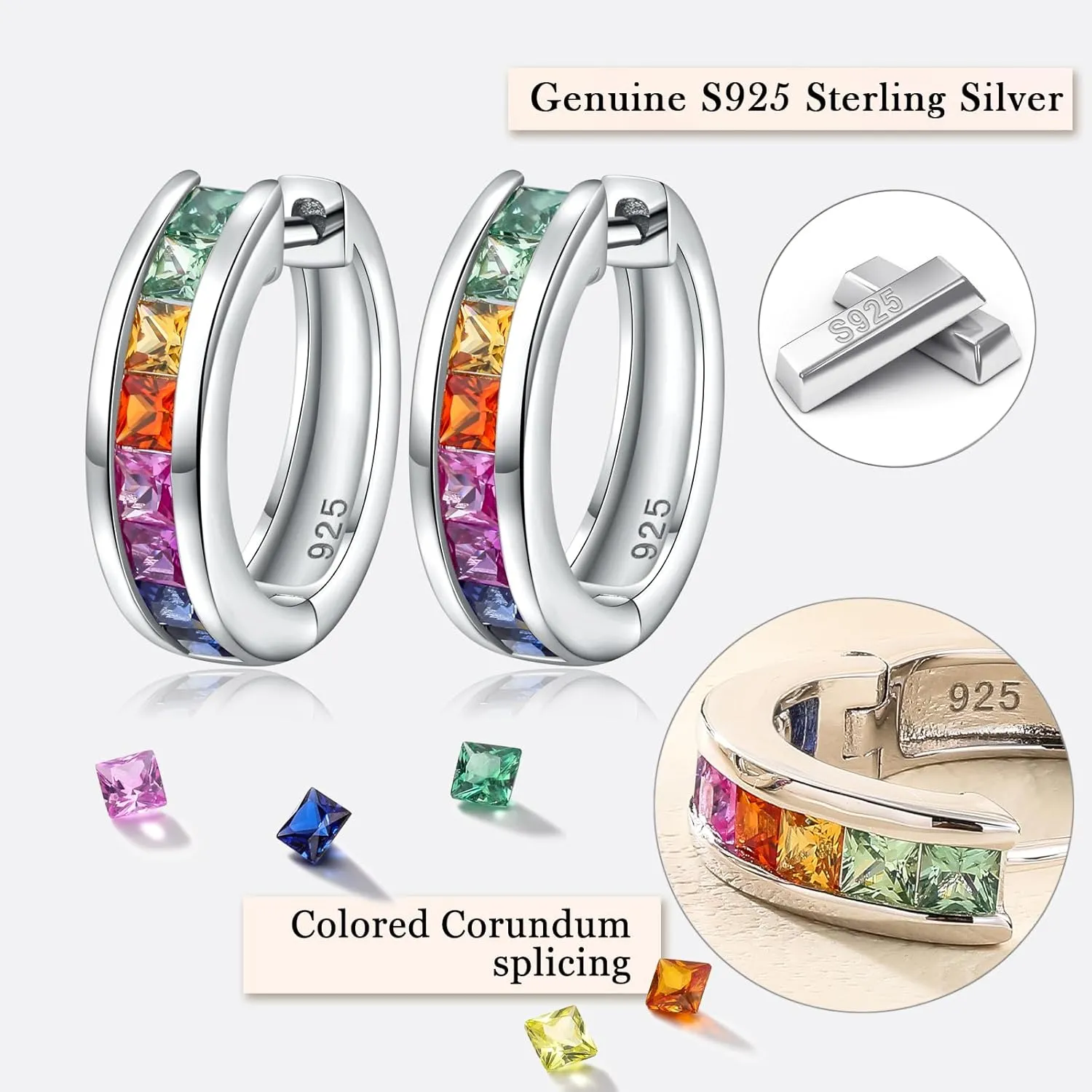 925 Sterling Silver Small Hoop Earrings for Women Girls Colorful Gemstone Emerald CZ Rose Gold Huggie Hoop Earrings