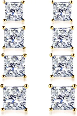 925 Sterling Silver Stud Earrings, 4 Pairs Square Cubic Zirconia Stud Earrings Set for Women Men 3 4 5 6mm