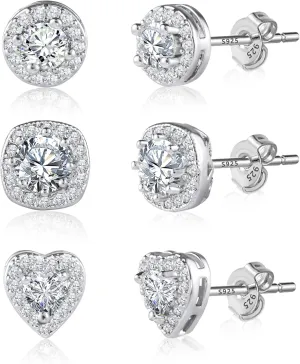 925 Sterling Silver Stud Earrings for Women Halo CZ Heart Stud Earrings Set Hypoallergenic Cubic Zirconia Earrings Studs Set
