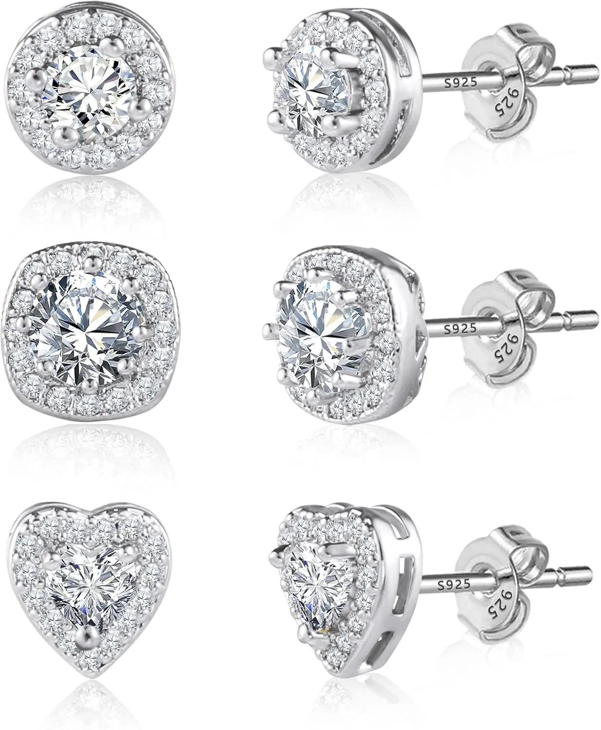 925 Sterling Silver Stud Earrings for Women Halo CZ Heart Stud Earrings Set Hypoallergenic Cubic Zirconia Earrings Studs Set