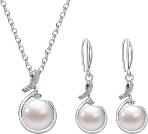 AILUOR Pearl Jewelry Set for Women, Faux Freshwater Single Pearl Necklace and Earring Set with 18 Inch Silver Chain Dainty Wedding Jewelry for Brides Mom Mother's Day Birthday Gifts