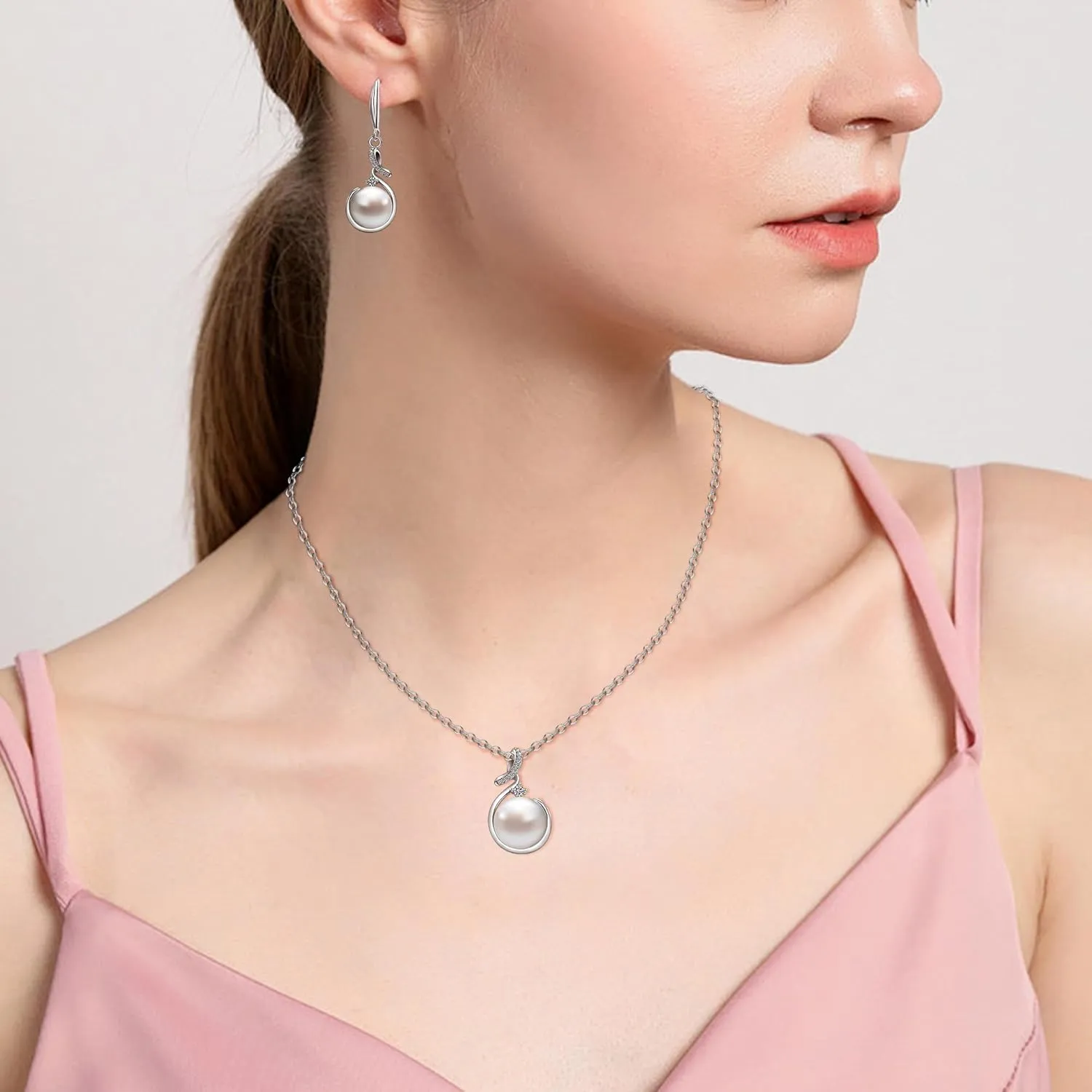 AILUOR Pearl Jewelry Set for Women, Faux Freshwater Single Pearl Necklace and Earring Set with 18 Inch Silver Chain Dainty Wedding Jewelry for Brides Mom Mother's Day Birthday Gifts