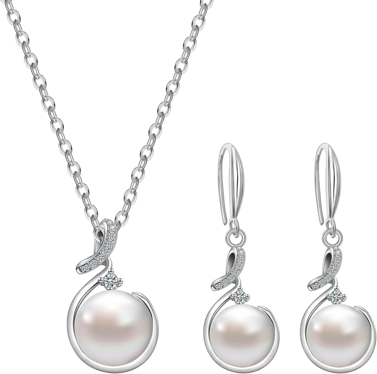 AILUOR Pearl Jewelry Set for Women, Faux Freshwater Single Pearl Necklace and Earring Set with 18 Inch Silver Chain Dainty Wedding Jewelry for Brides Mom Mother's Day Birthday Gifts