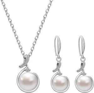 AILUOR Pearl Jewelry Set for Women, Faux Freshwater Single Pearl Necklace and Earring Set with 18 Inch Silver Chain Dainty Wedding Jewelry for Brides Mom Mother's Day Birthday Gifts
