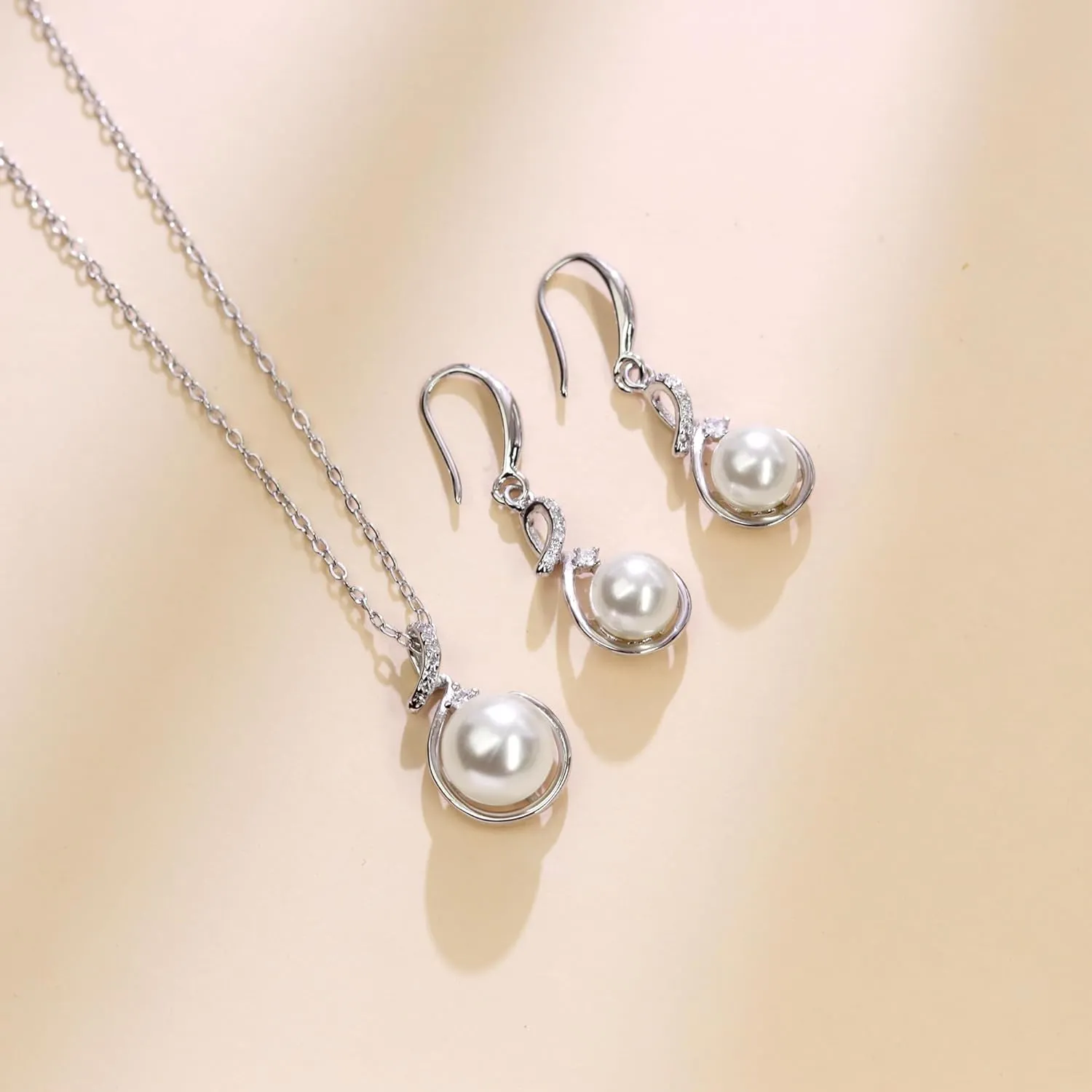 AILUOR Pearl Jewelry Set for Women, Faux Freshwater Single Pearl Necklace and Earring Set with 18 Inch Silver Chain Dainty Wedding Jewelry for Brides Mom Mother's Day Birthday Gifts