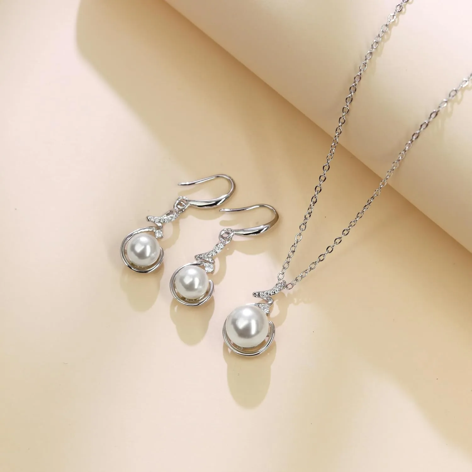AILUOR Pearl Jewelry Set for Women, Faux Freshwater Single Pearl Necklace and Earring Set with 18 Inch Silver Chain Dainty Wedding Jewelry for Brides Mom Mother's Day Birthday Gifts