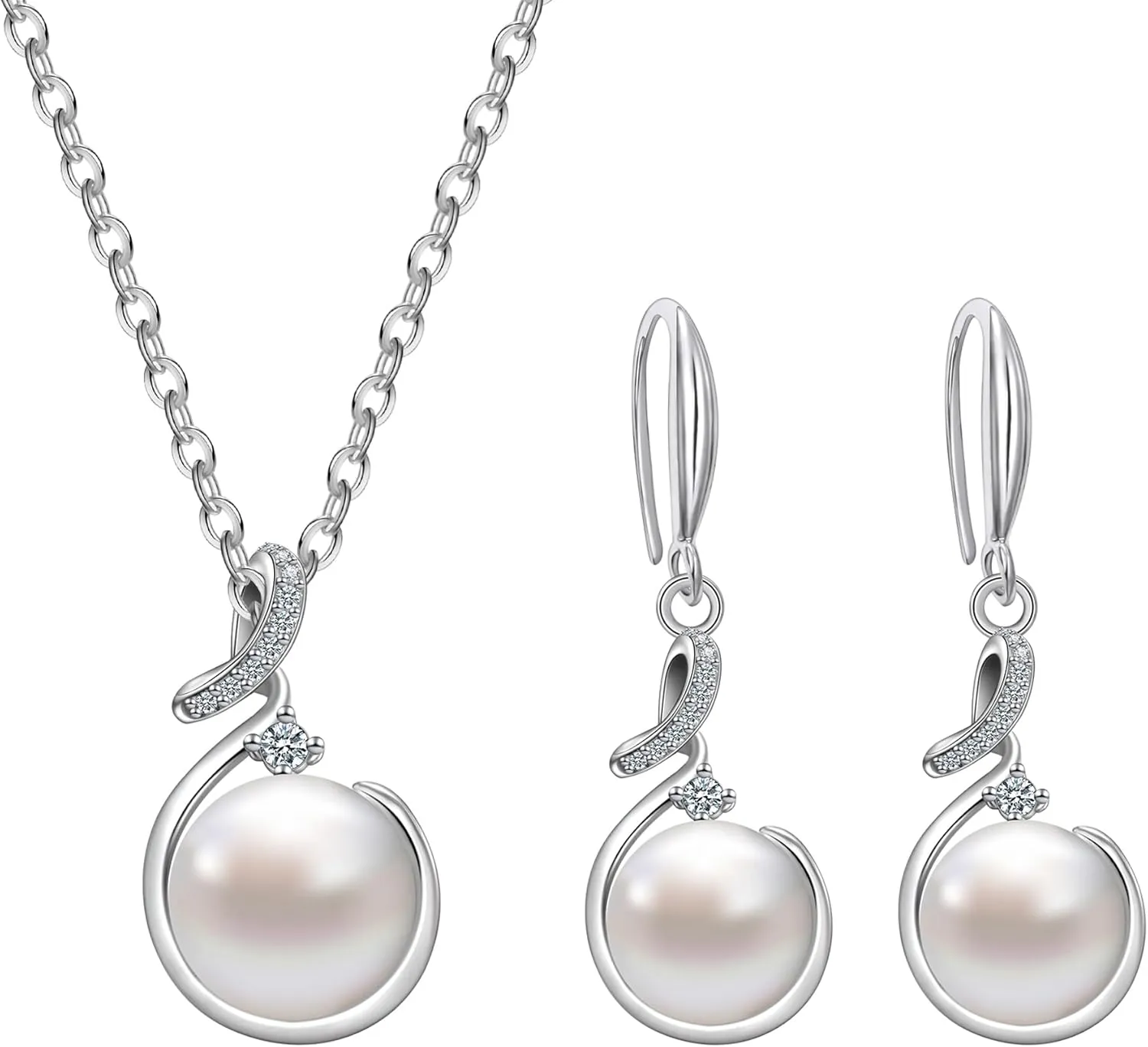 AILUOR Pearl Jewelry Set for Women, Faux Freshwater Single Pearl Necklace and Earring Set with 18 Inch Silver Chain Dainty Wedding Jewelry for Brides Mom Mother's Day Birthday Gifts