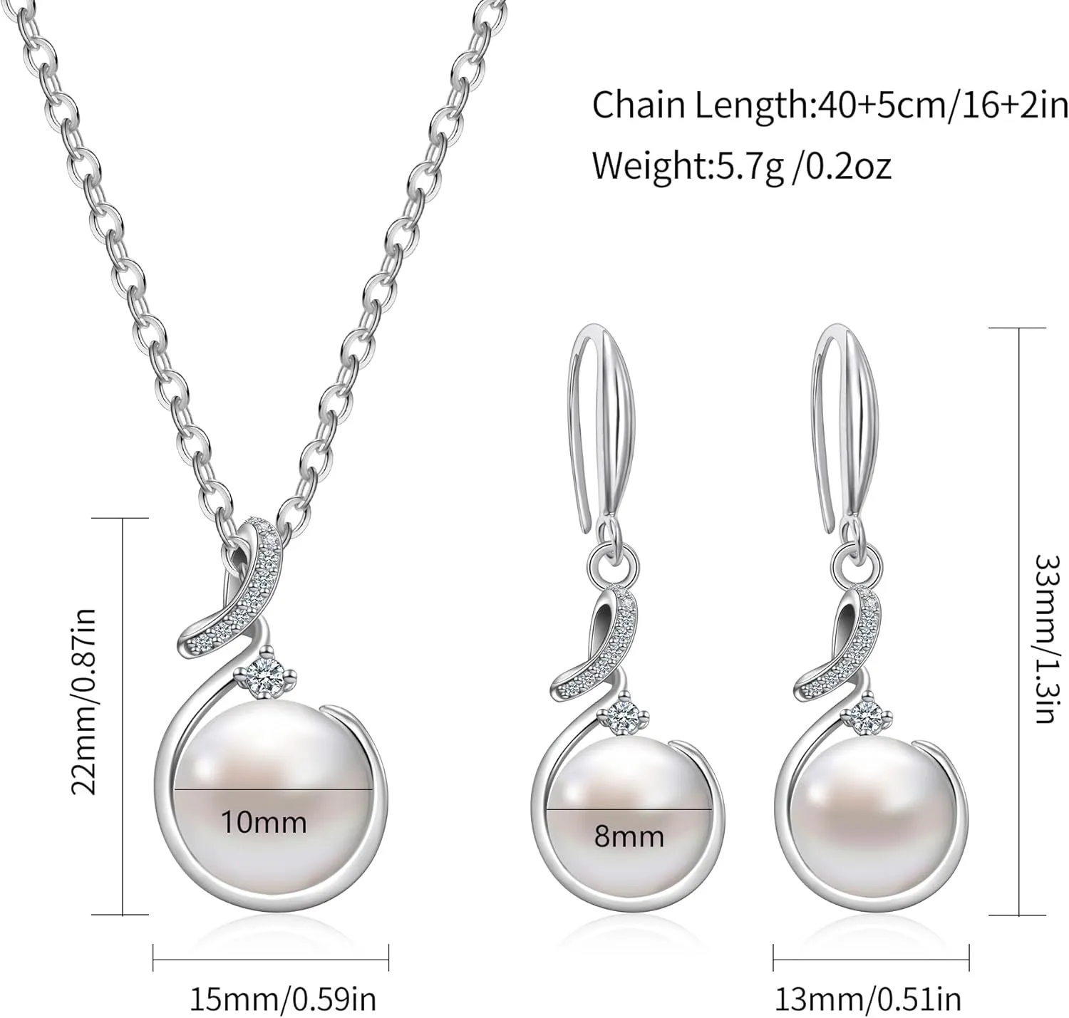 AILUOR Pearl Jewelry Set for Women, Faux Freshwater Single Pearl Necklace and Earring Set with 18 Inch Silver Chain Dainty Wedding Jewelry for Brides Mom Mother's Day Birthday Gifts
