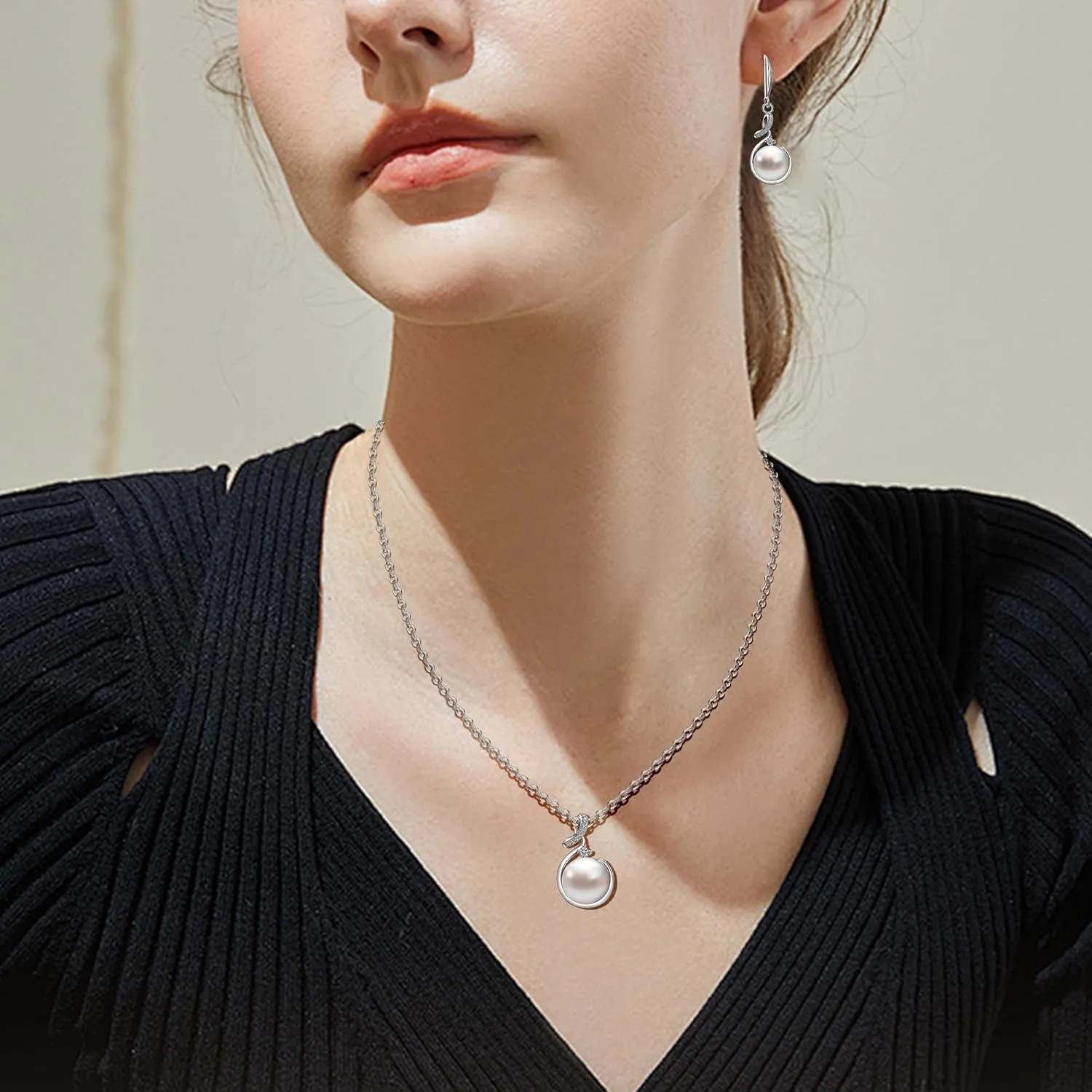 AILUOR Pearl Jewelry Set for Women, Faux Freshwater Single Pearl Necklace and Earring Set with 18 Inch Silver Chain Dainty Wedding Jewelry for Brides Mom Mother's Day Birthday Gifts