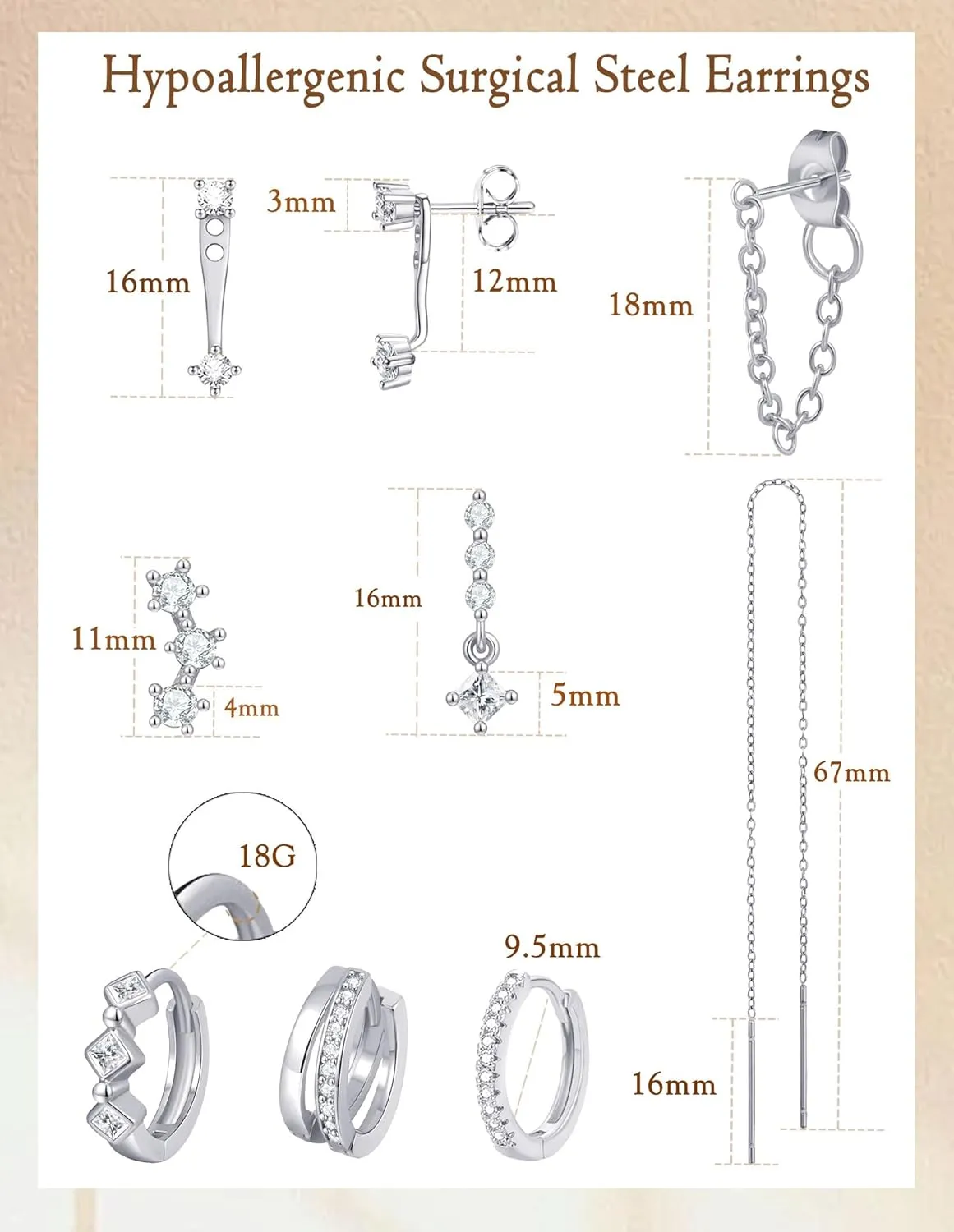 Akeoqi 8 Pairs 18K Gold Plated Small Hoop Earring CZ Cartilage Stud Earring for Women Long Chain Drop Dangle Stack Earrings for Multiple Piercings Gold Silver Tone