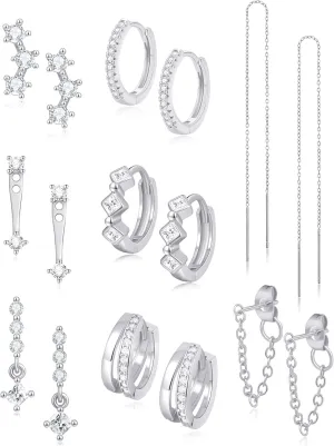 Akeoqi 8 Pairs 18K Gold Plated Small Hoop Earring CZ Cartilage Stud Earring for Women Long Chain Drop Dangle Stack Earrings for Multiple Piercings Gold Silver Tone