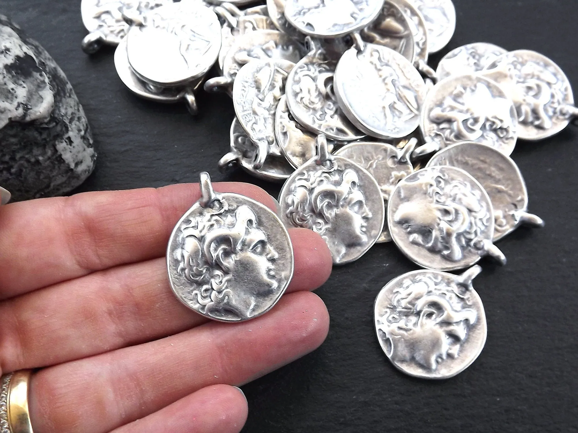 Alexander the Great Coin Pendant, Silver Greek Coin Medallion Pendant, Tetradrachm of Lysimachos, King of Thrace, Matte Silver Plated, 2pc