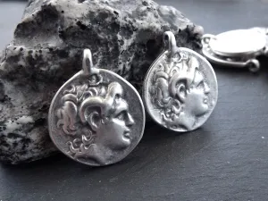 Alexander the Great Coin Pendant, Silver Greek Coin Medallion Pendant, Tetradrachm of Lysimachos, King of Thrace, Matte Silver Plated, 2pc