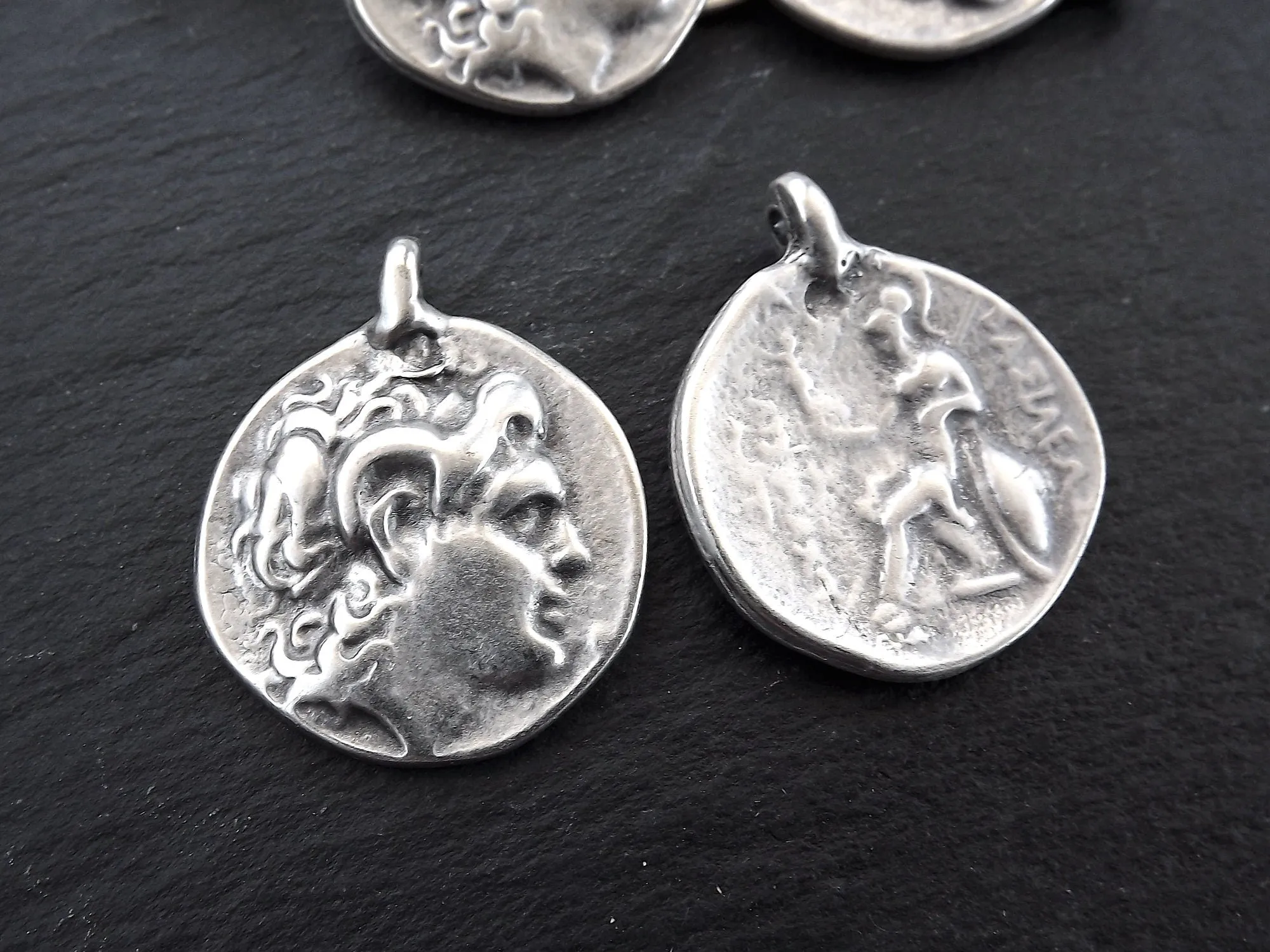 Alexander the Great Coin Pendant, Silver Greek Coin Medallion Pendant, Tetradrachm of Lysimachos, King of Thrace, Matte Silver Plated, 2pc