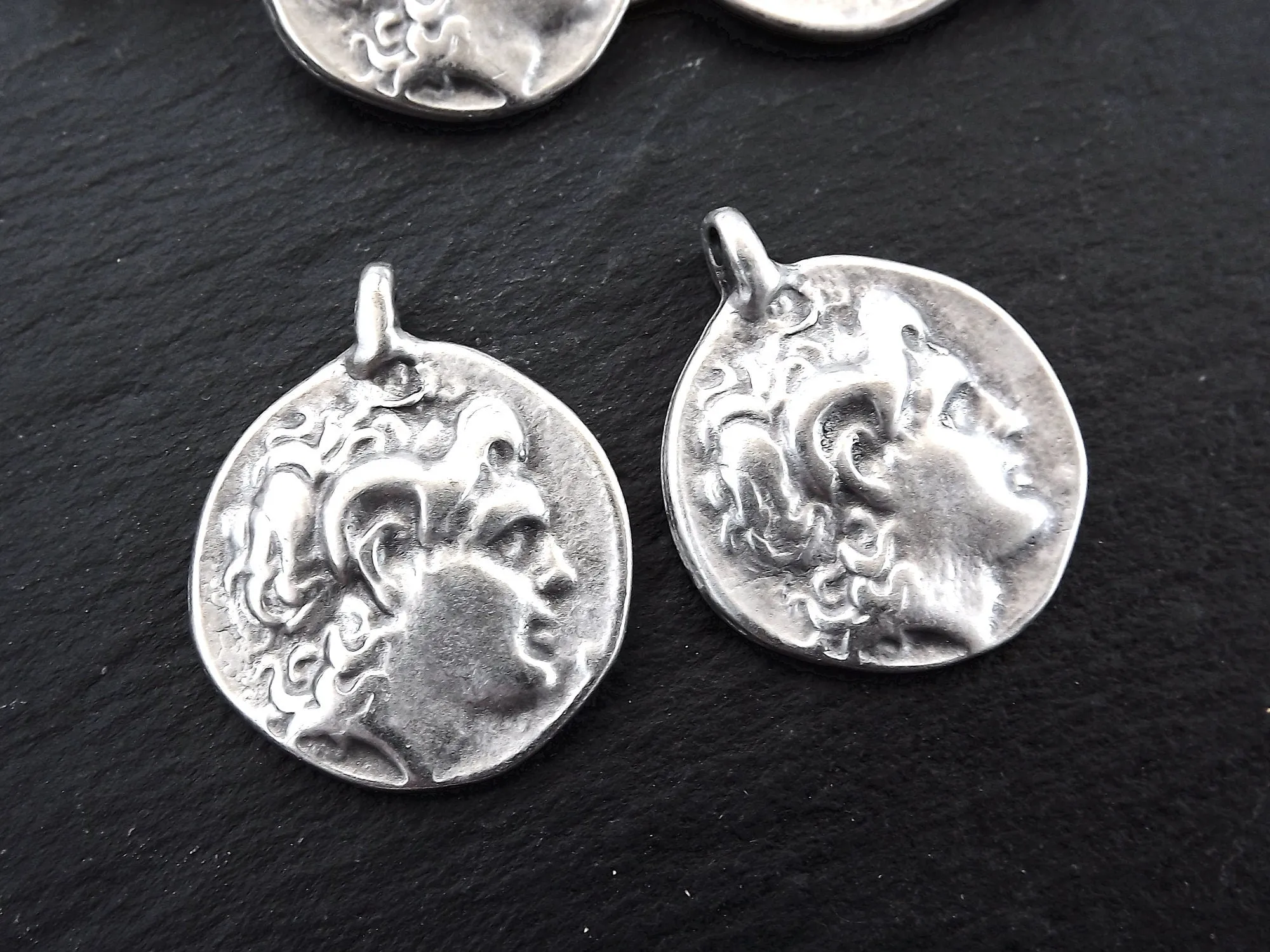 Alexander the Great Coin Pendant, Silver Greek Coin Medallion Pendant, Tetradrachm of Lysimachos, King of Thrace, Matte Silver Plated, 2pc