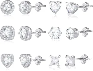 ALEXCRAFT Sterling Silver Stud Earrings for Women Girls Cubic Zirconia Halo Round Heart Square Diamond Large Silver Stud Set