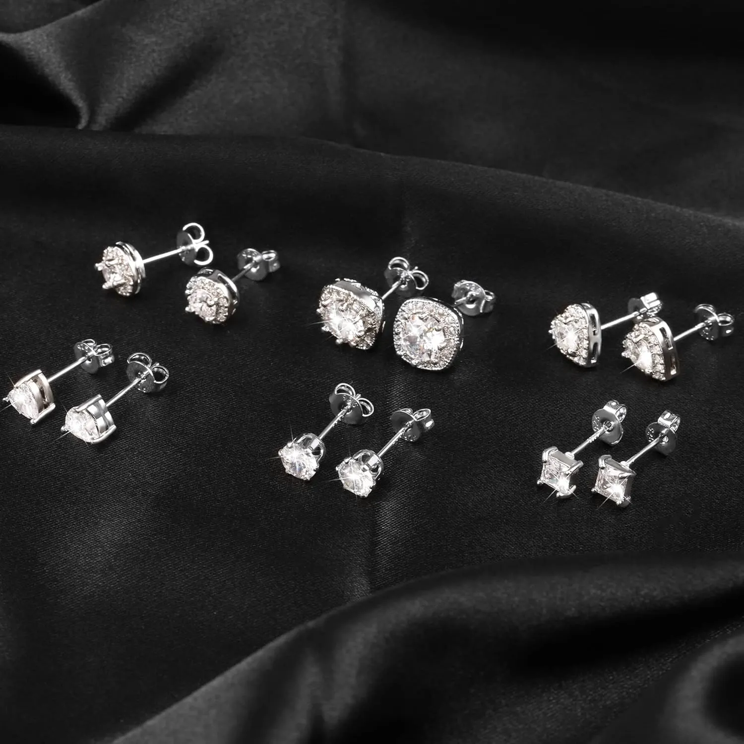 ALEXCRAFT Sterling Silver Stud Earrings for Women Girls Cubic Zirconia Halo Round Heart Square Diamond Large Silver Stud Set