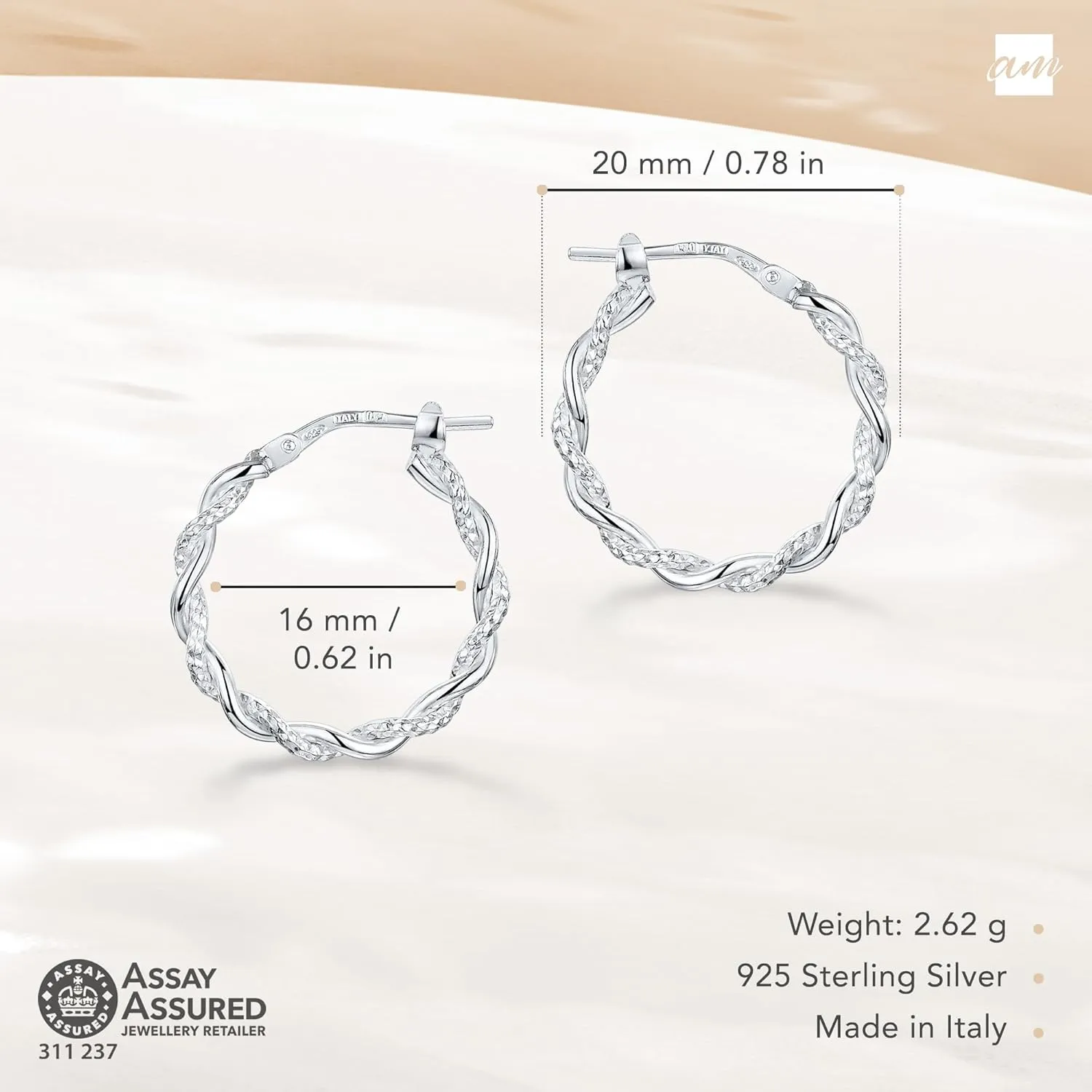 Amberta Italian 925 Sterling Silver Hoop Earrings for Women | Silver Twisted Hoops | Twisted Rope Hoop Earrings | Silver Round Hoop Earrings for Women