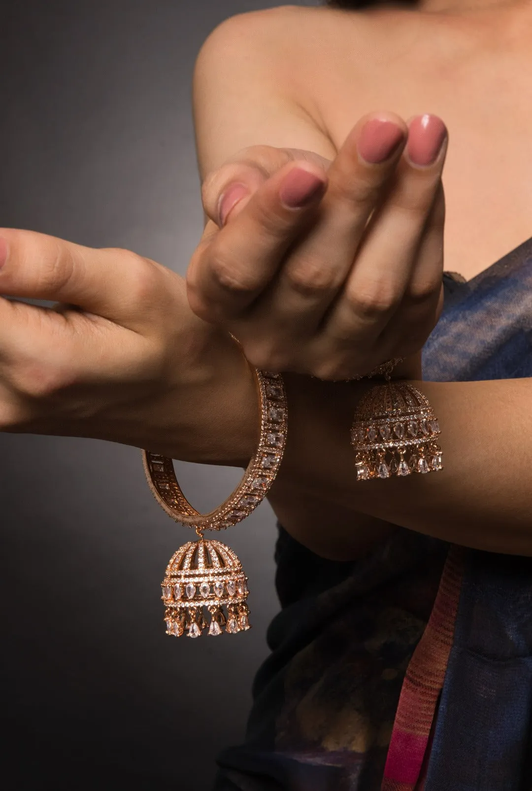 American Diamond  Rose Gold Bangle With Jhumka Hanging Pair