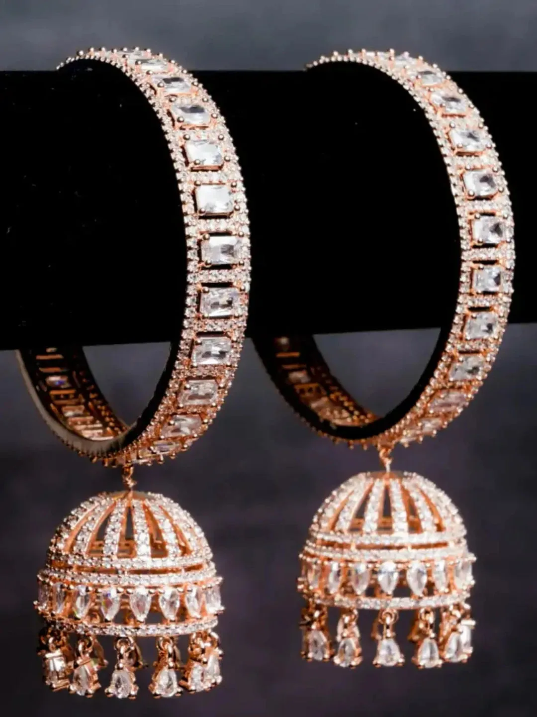 American Diamond  Rose Gold Bangle With Jhumka Hanging Pair