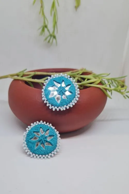Antarang, Tarkoish Blue Stud Mirror Earings, 100% Cotton, Handmade By Divyang Rural Womentarkoish Blue Stud Earings
