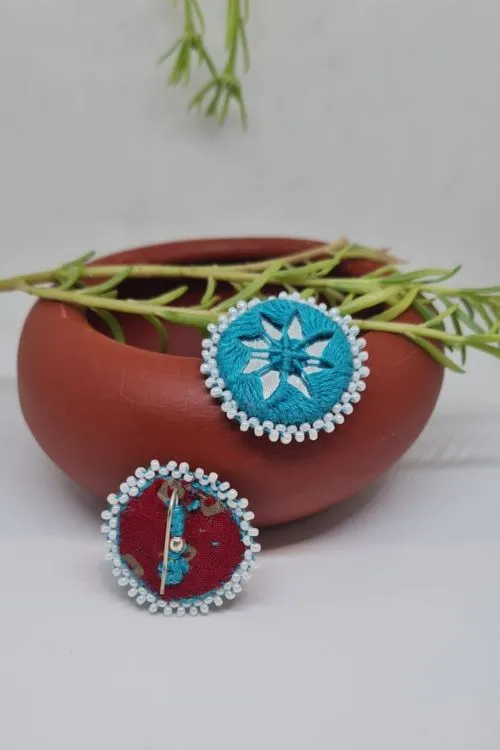 Antarang, Tarkoish Blue Stud Mirror Earings, 100% Cotton, Handmade By Divyang Rural Womentarkoish Blue Stud Earings