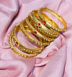 Antique Gold Plated Kundan Stones Bridal Bangles Set - 6 Pieces Premium Jewelry