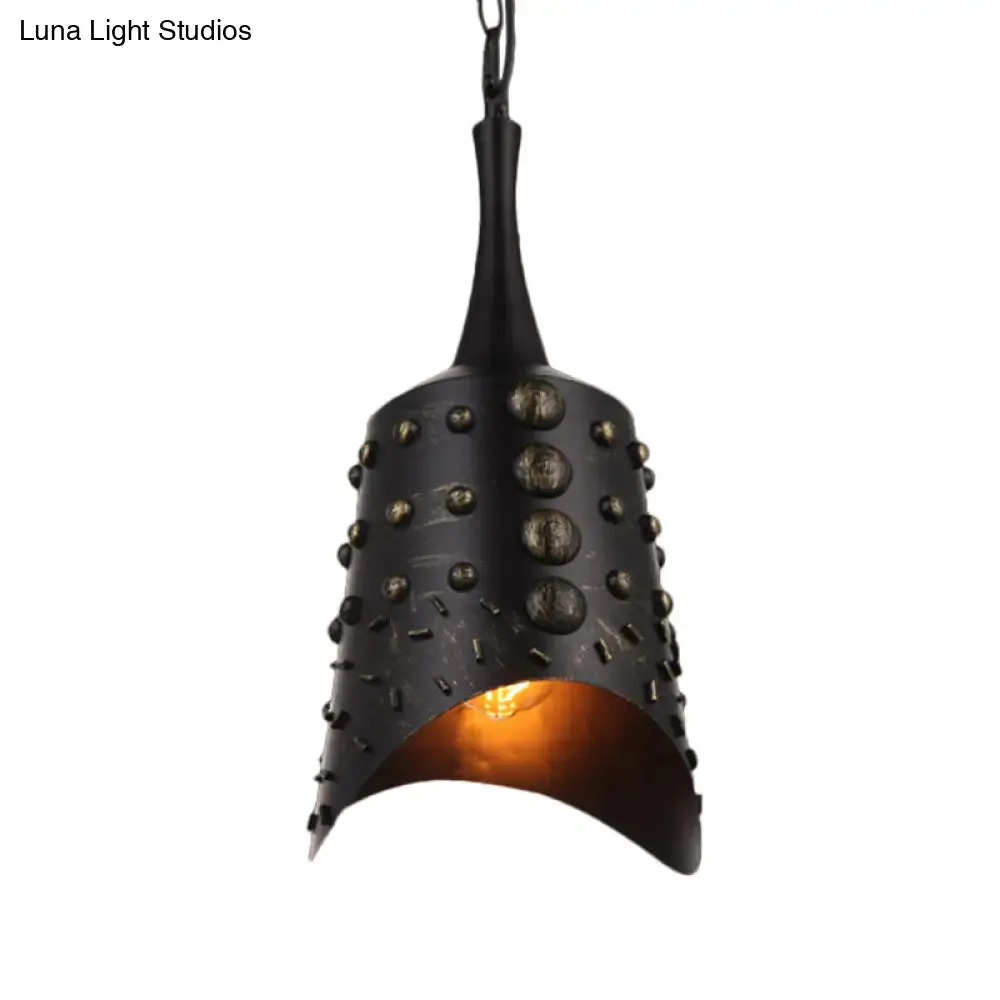 Antiqued Metallic Bell Bar Drop Pendant Light with Black Finish - 1-Light Suspension Lamp