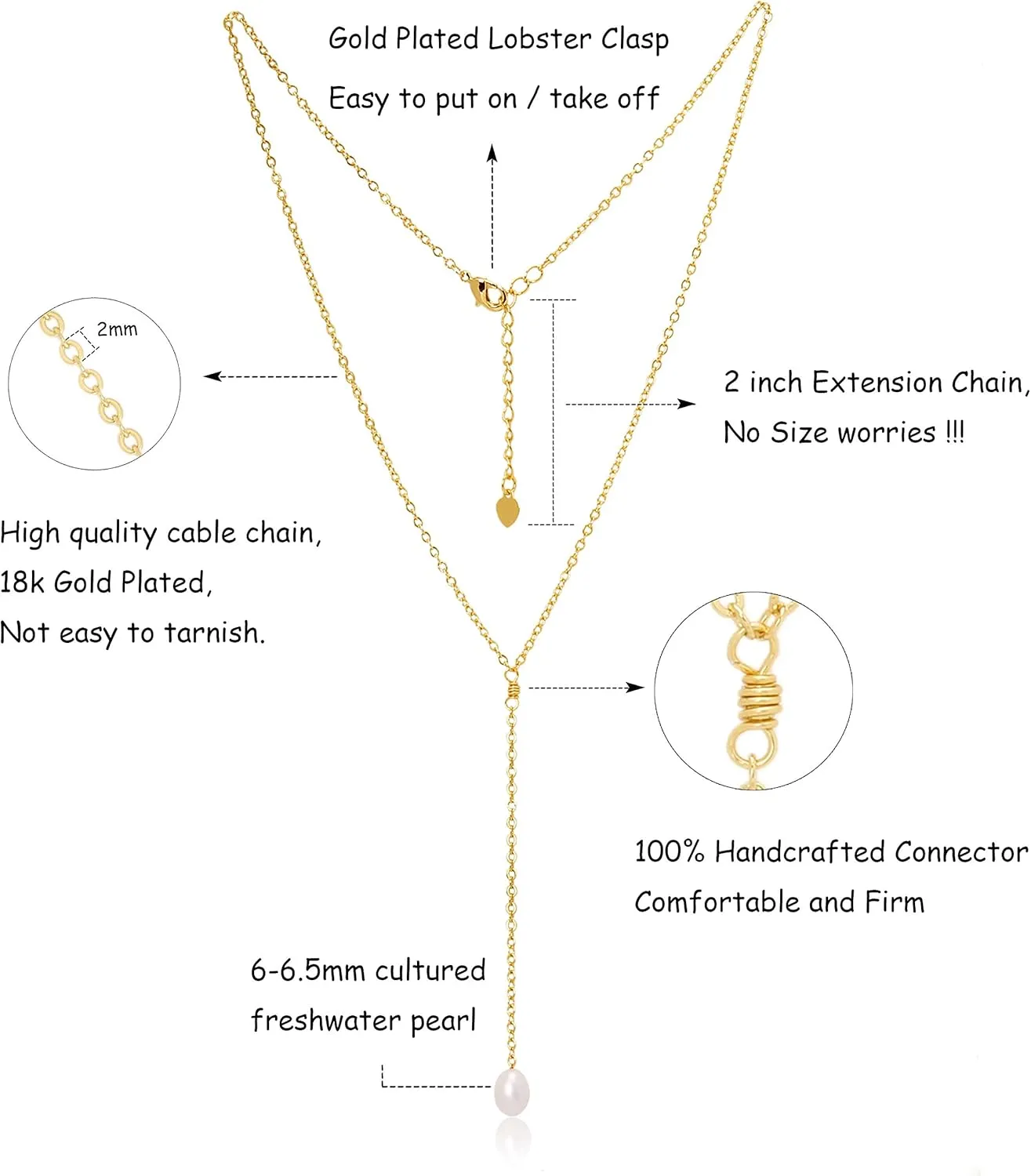 Aobei Pearl 18K Gold Bar/Pearl / 3 Circles / 3 Half-Round/Conch Pendant Necklace Long Chain Y Necklace Minimalist Layering Jewelry for Women