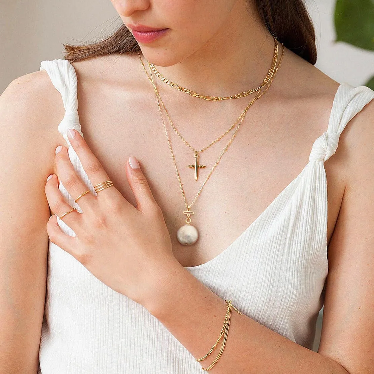 Aobei Pearl 18K Gold Pendant Necklace for Women Dainty Gold Chain Choker Love Heart Disc Coin Pearl Cross Toggle Jewelry