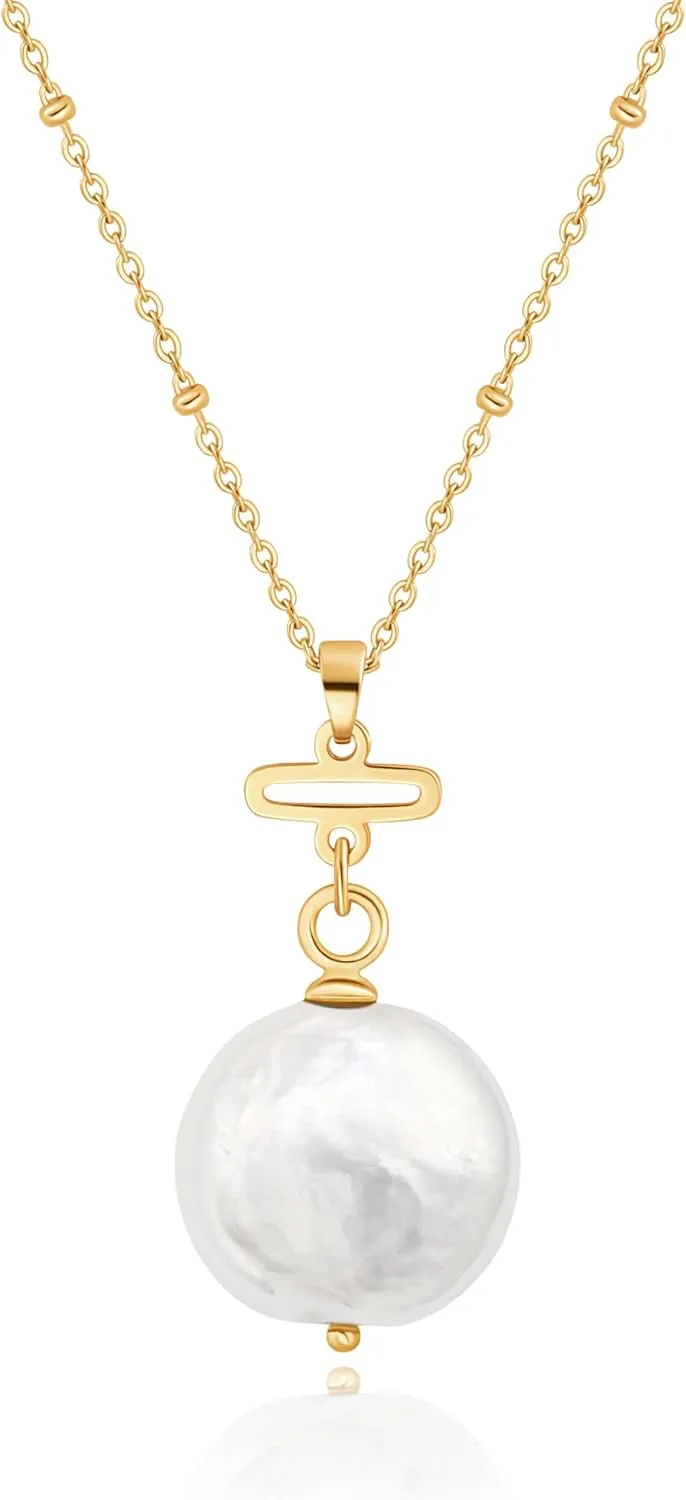 Aobei Pearl 18K Gold Pendant Necklace for Women Dainty Gold Chain Choker Love Heart Disc Coin Pearl Cross Toggle Jewelry