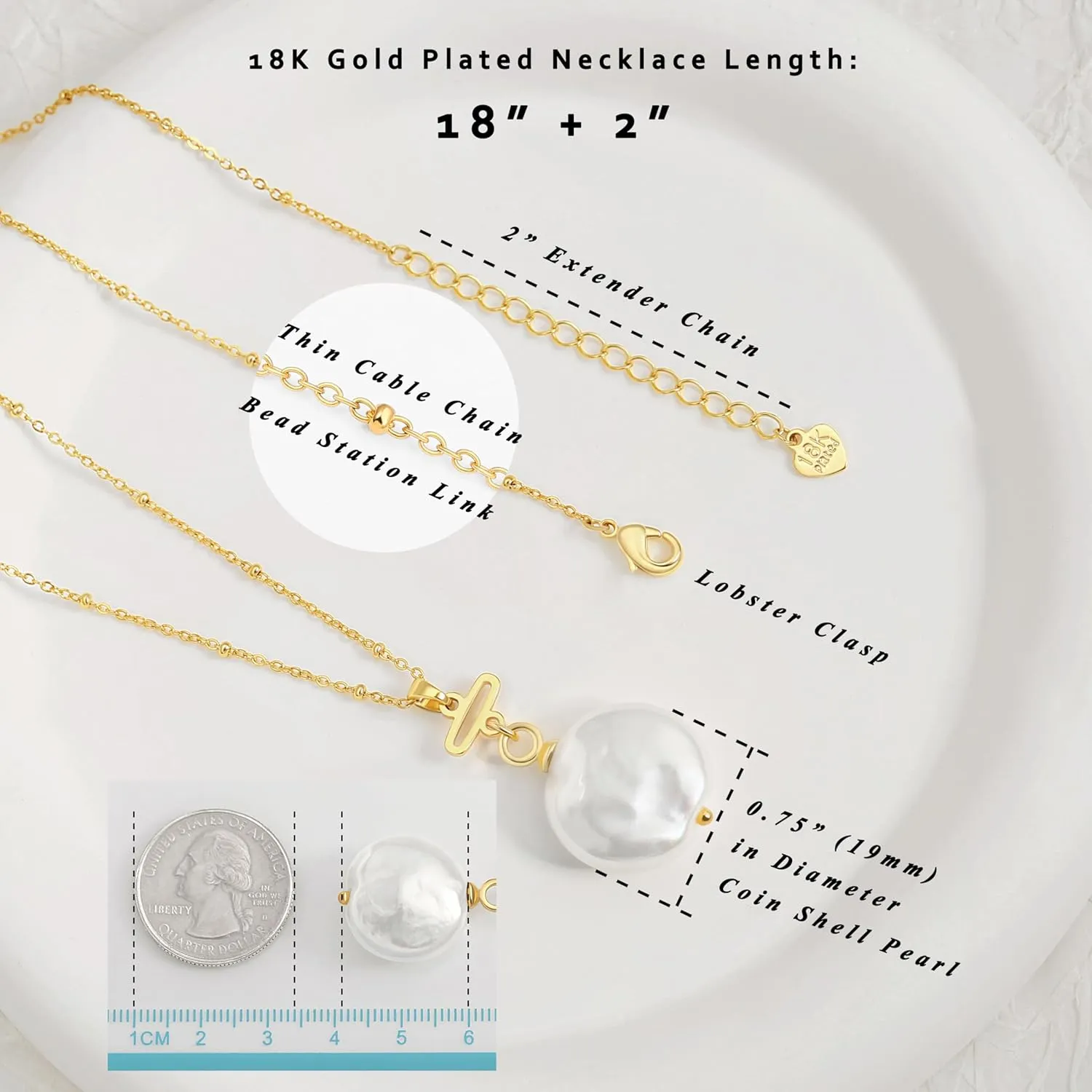 Aobei Pearl 18K Gold Pendant Necklace for Women Dainty Gold Chain Choker Love Heart Disc Coin Pearl Cross Toggle Jewelry