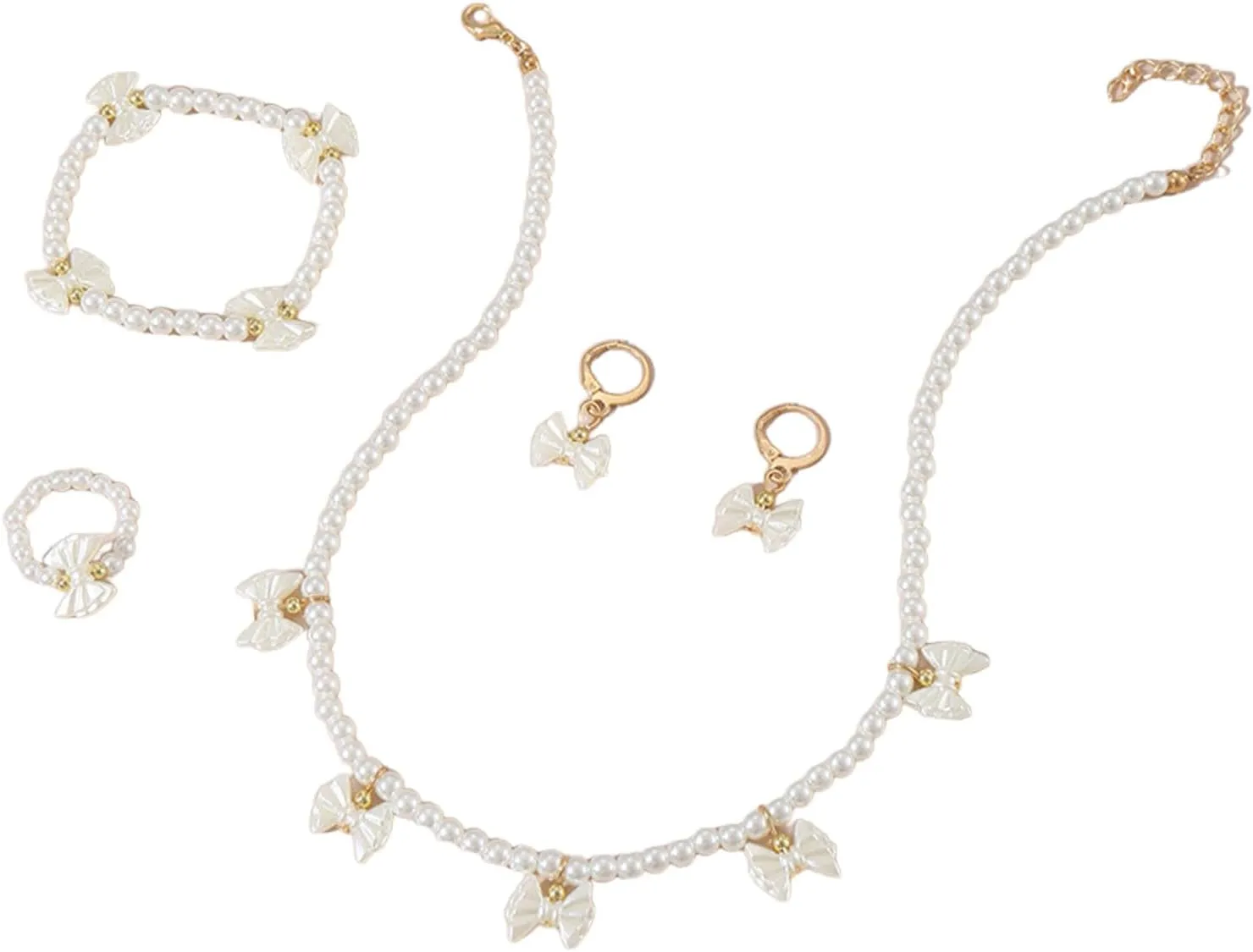 Aonklot Pearl Jewelry Set Pearl Necklace and Earring Set Pearl Bow Necklace Wedding Jewelry Sets Adjustable Party Wedding Pearl Necklace Bracelet Earrings Ring Set Formal Dress Accessories
