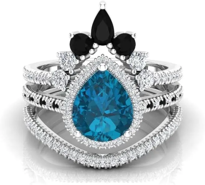 Art Deco 108mm Pear Cut London Blue Topaz Natural Gemstone Ring, 3pcs Crown Shaped Bridal Ring, 925 Sterling Silver Ring For Her